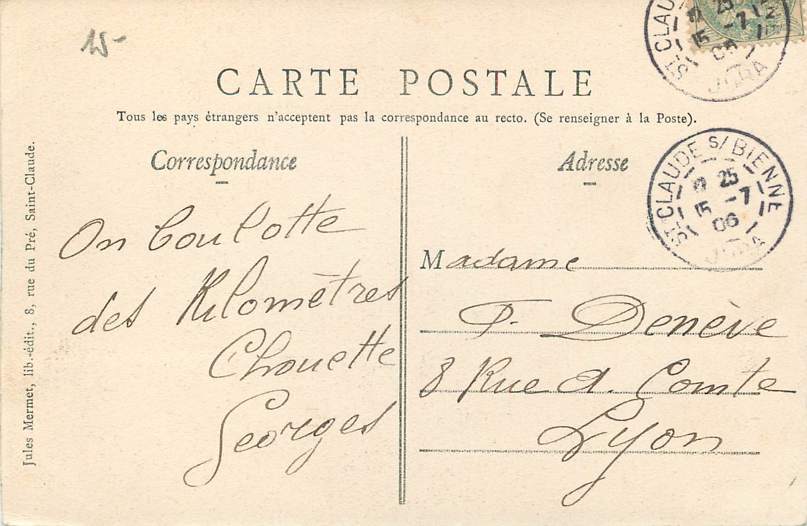 CPA Saint Claude Pont suspendu sur le Tacon  — Rückseite