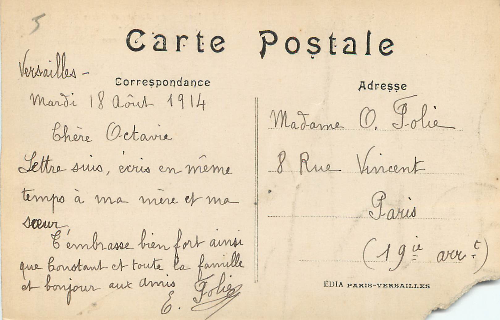 CPA Versailles Avenue de Paris Hotel des Postes Telegraphe et Telephone  — Rückseite