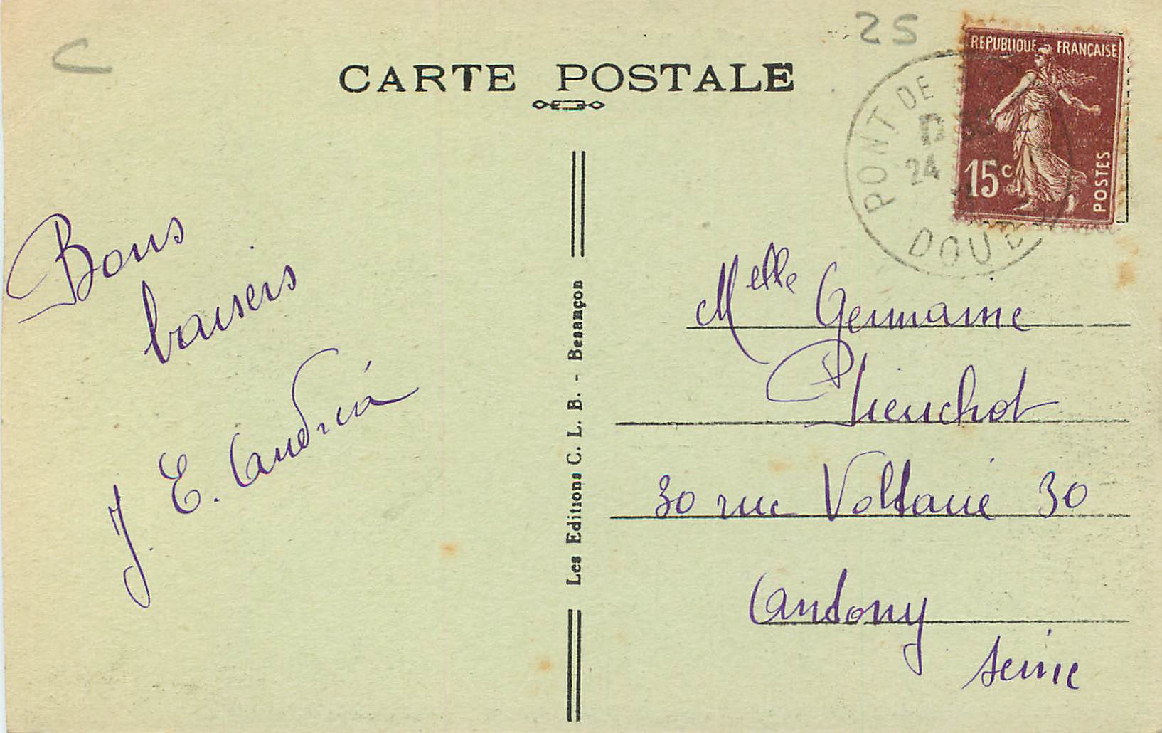 CPA Vallee du Doubs Belvedere des Recretes  — Rückseite