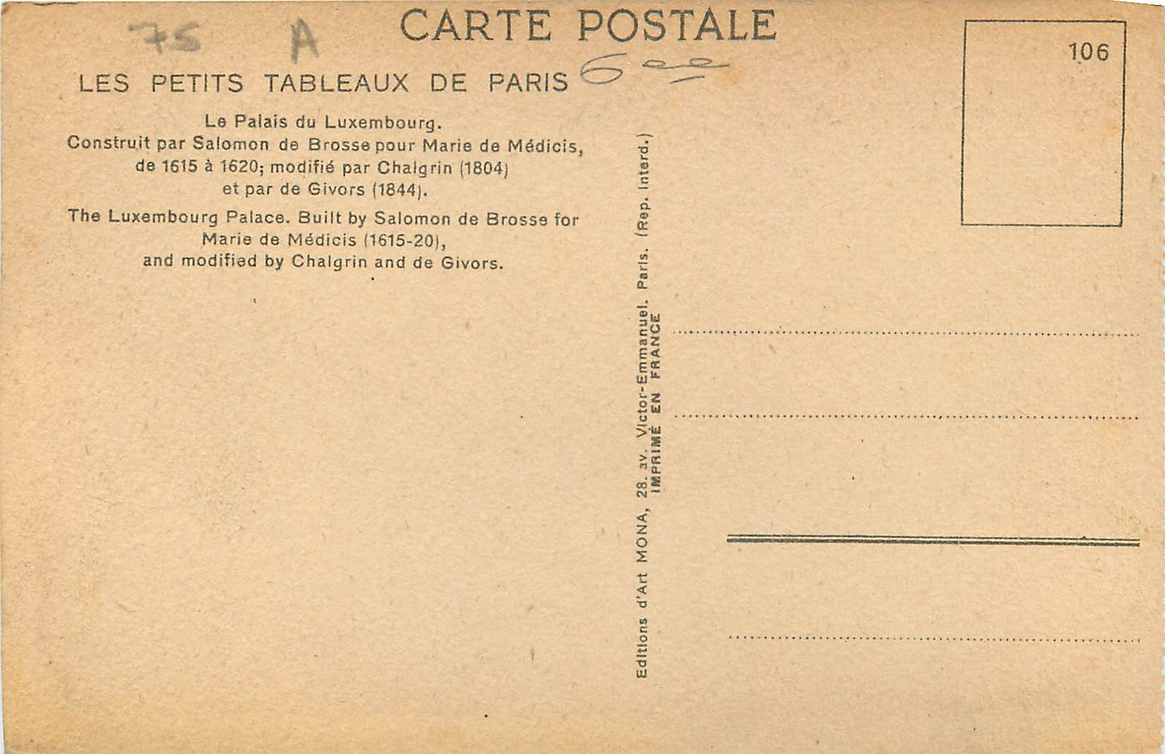 CPA Paris Le Palais du Luxembourg  — Rückseite