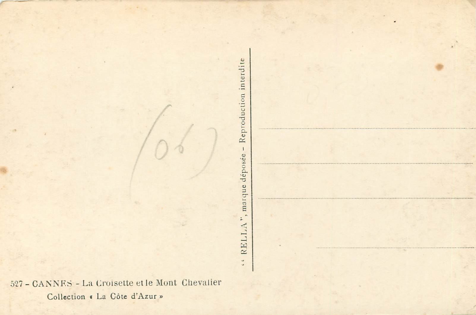 CPM Cannes La Croisette et le Mont Chevalier  — Verso