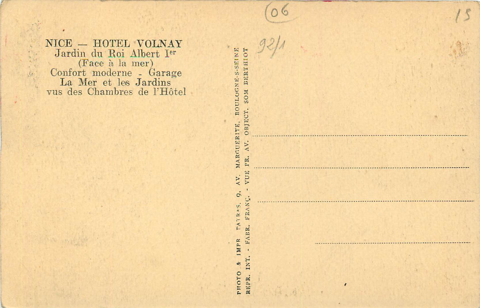 CPA Nice Hotel Volnay Jardin du Roi Albert Face a la mer  — Rückseite