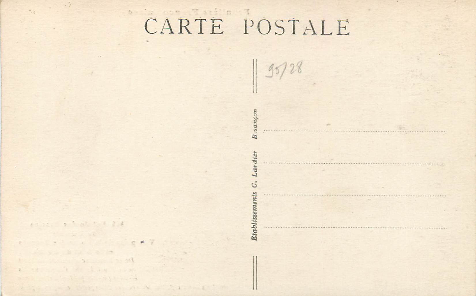Frontière Franco-Suisse — Entrée des Bassins du Doubs — vue prise de la Route des Brenets et le Saut du Doubs — Éditeur C. Lardéter, B. Sançon — Rückseite