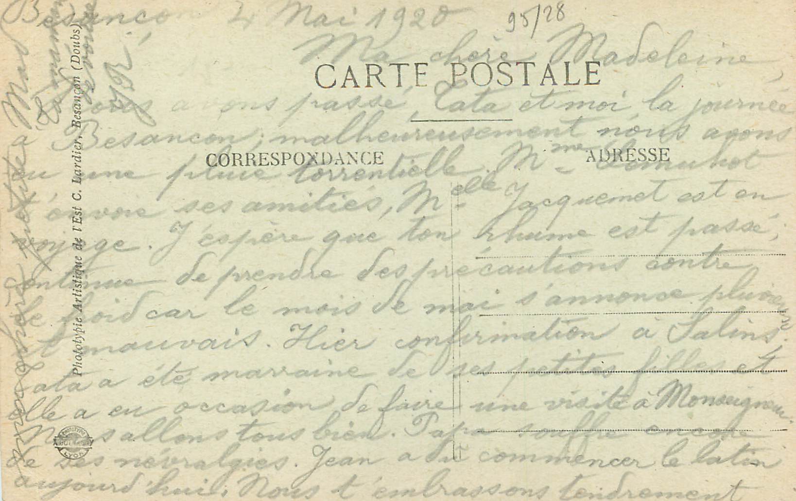 Besançon – Pont Battant, Église de la Madeleine et Quai Veil-Picard — Éditeur Problépyle Artistique de l'Est, n° 198 — Rückseite