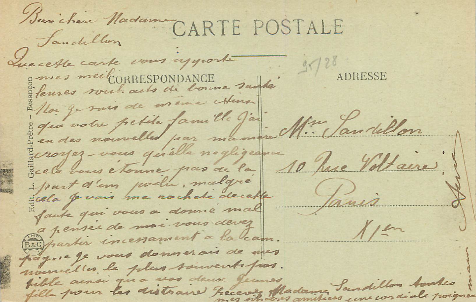 CPA Besancon Le Pont Battant et Quai Vauban  — Rückseite