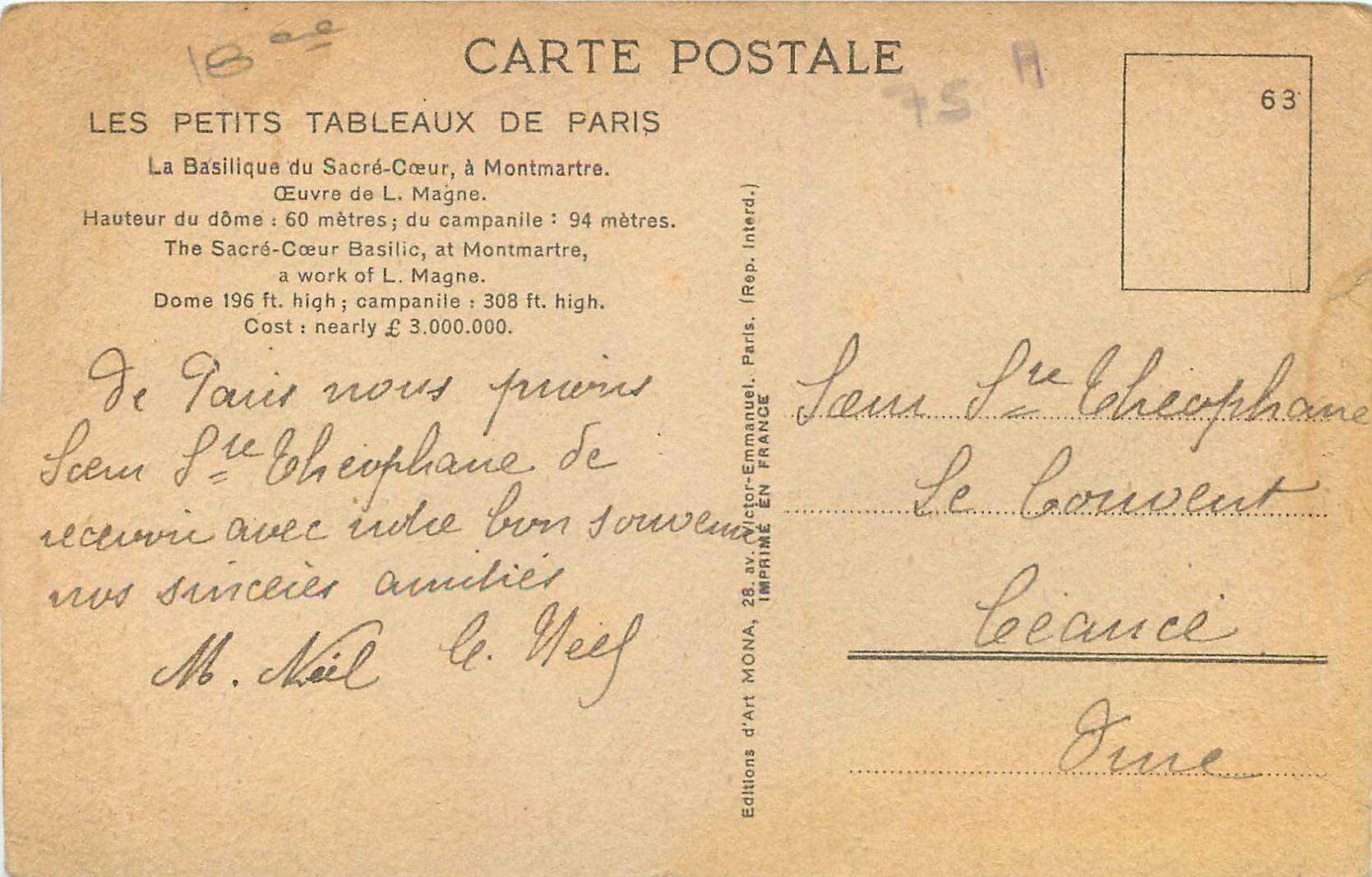 CPA Paris La Basilique du Sacre Coeur a Montmartre  — Rückseite