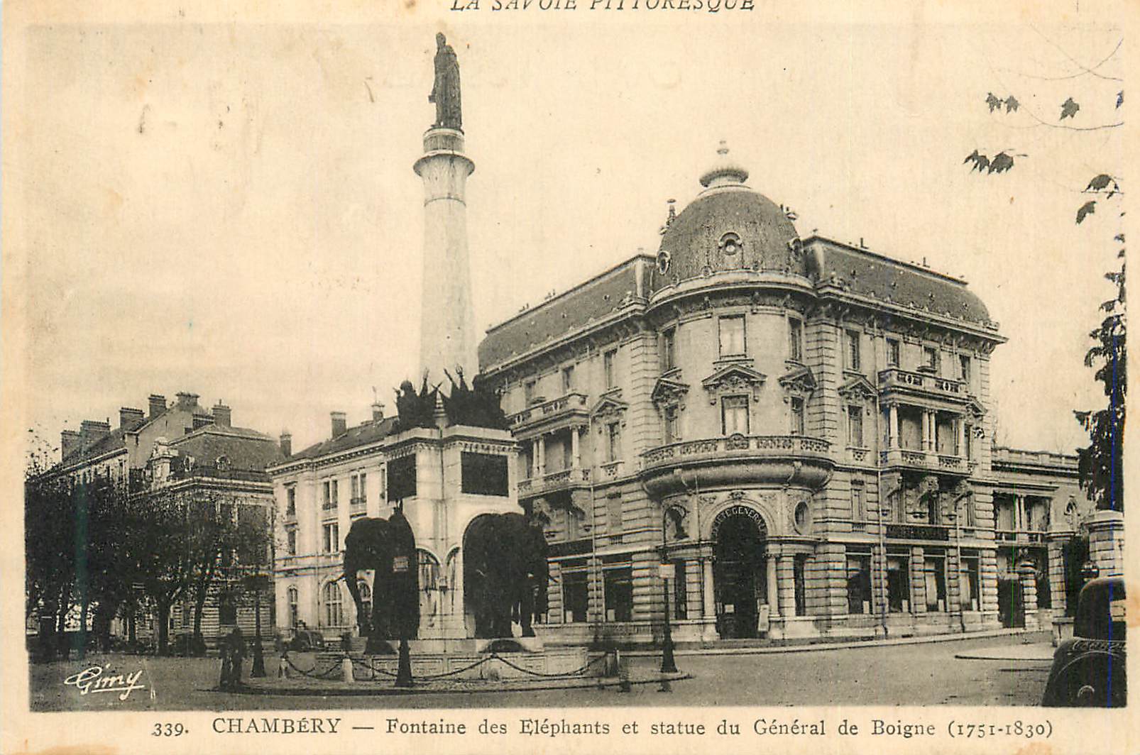CPA Chambery Fontaine des Elephants et statue du General de Boigne 