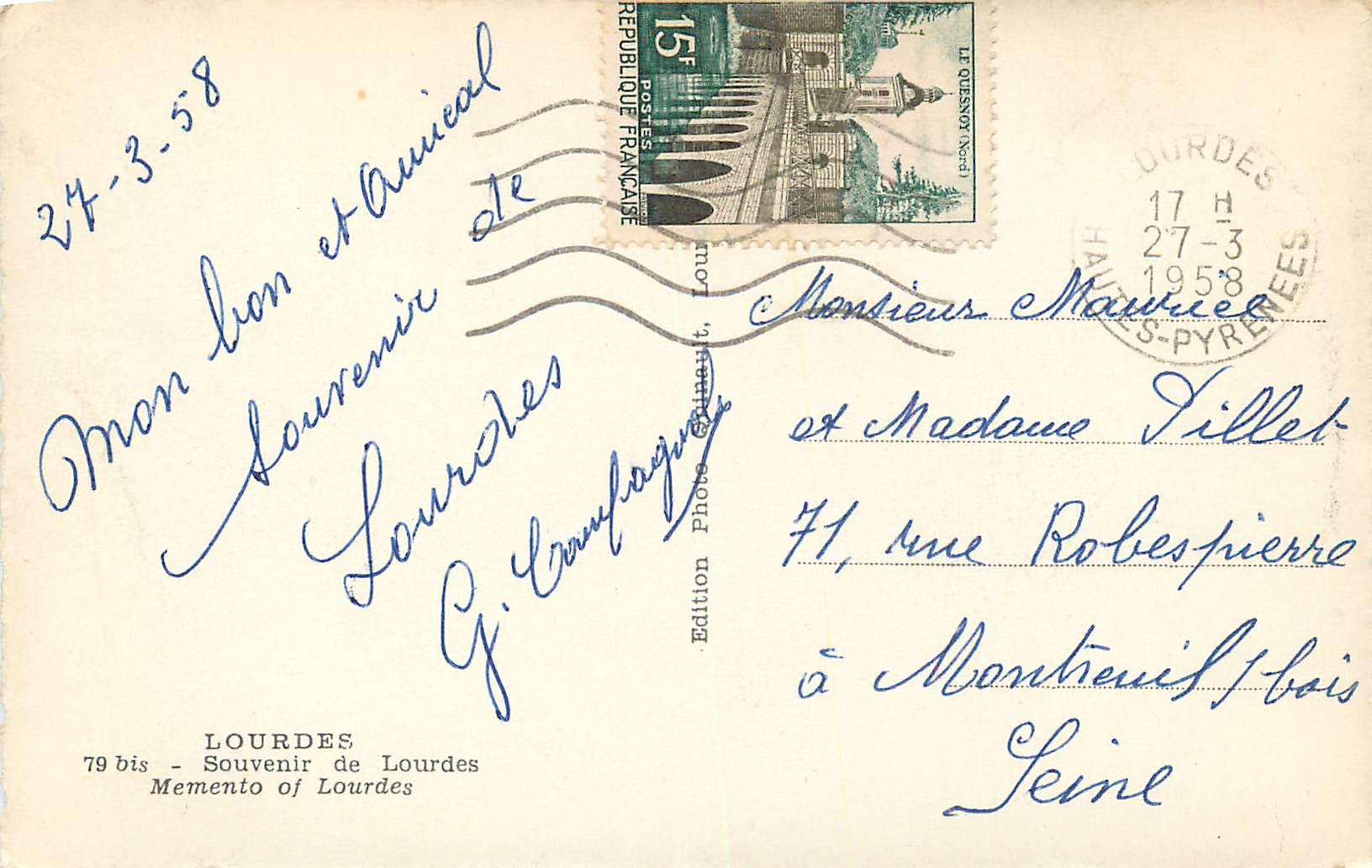 CPA Lourdes Souvenir de Lourdes  — Verso