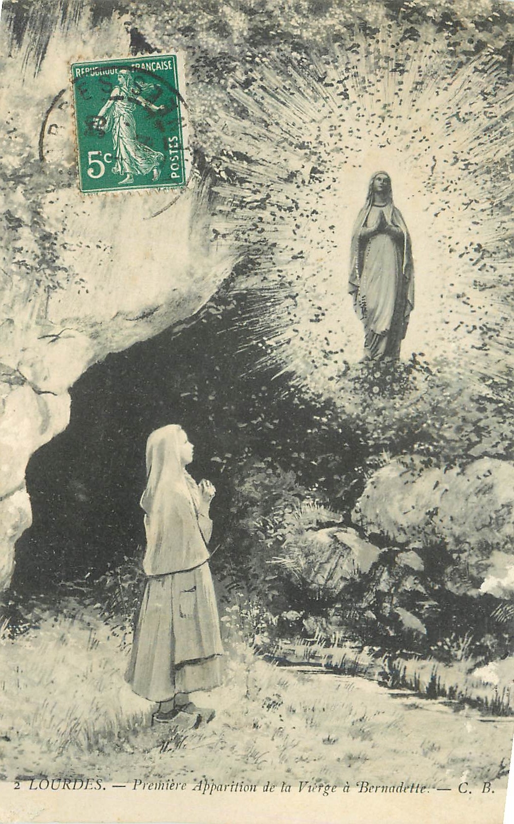 CPA Lourdes Premiere apparition de la Vierge a Bernadette 