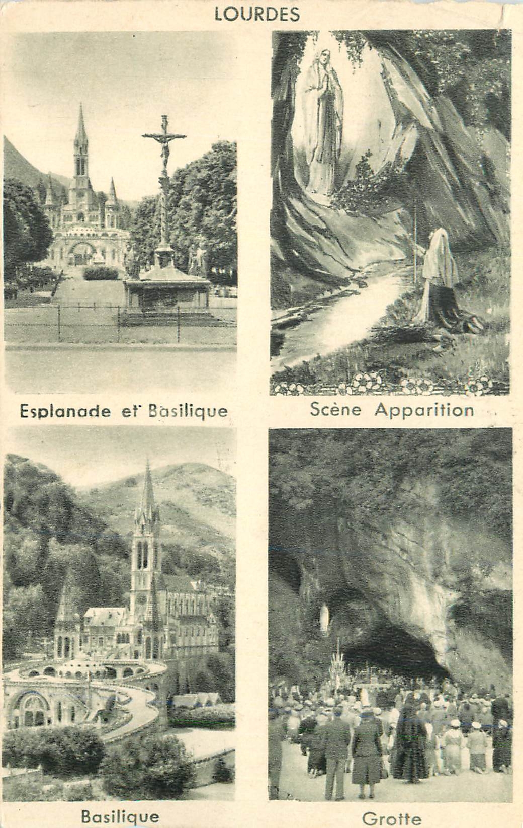 CPA Lourdes Esplanade et Basilique Scene Apparition Basilique Grotte 