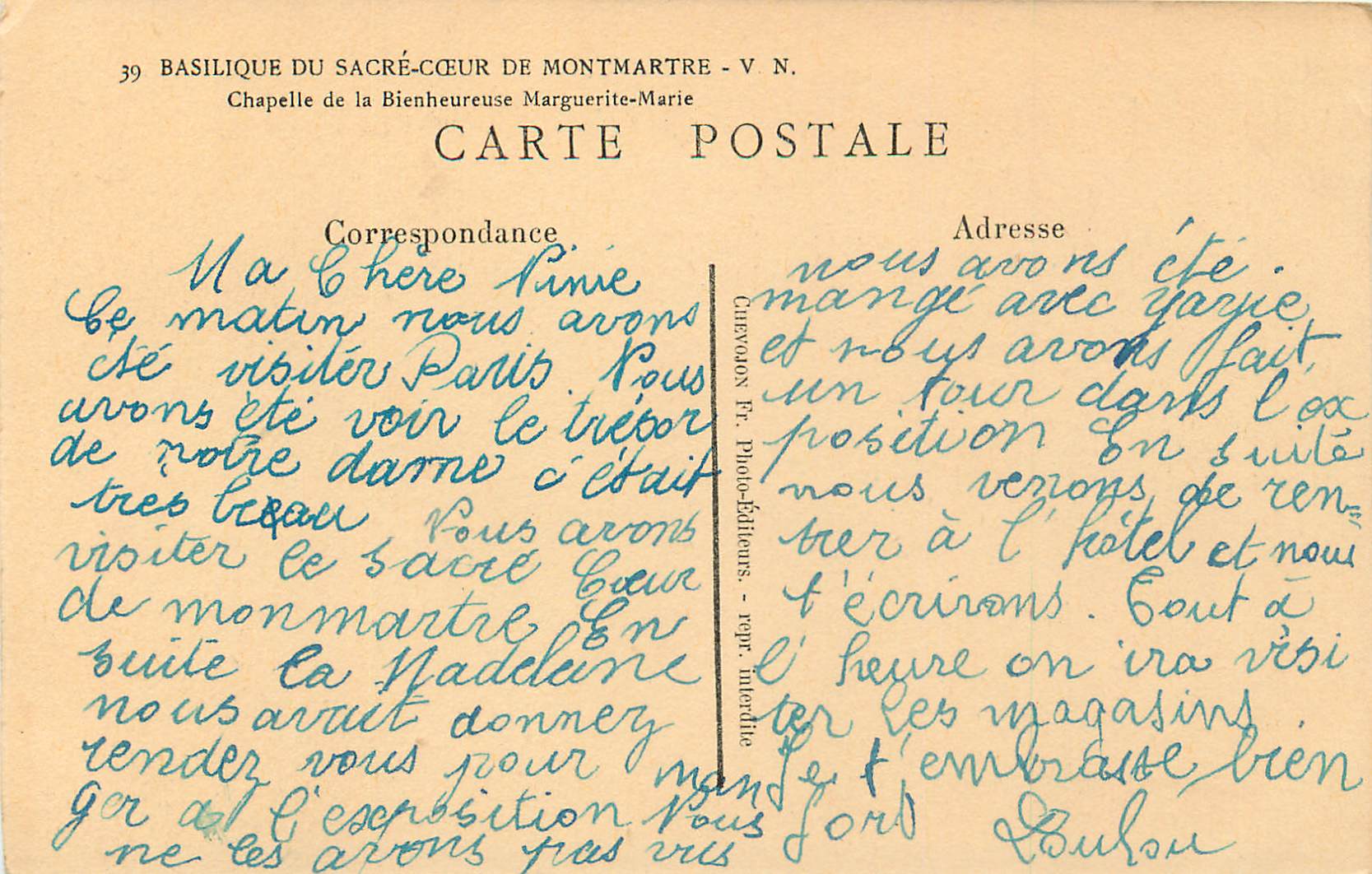 CPA Basilique du Sacre Coeur de Montmartre Chapelle de la Bienheureuse Marguerite Marie  — Rückseite