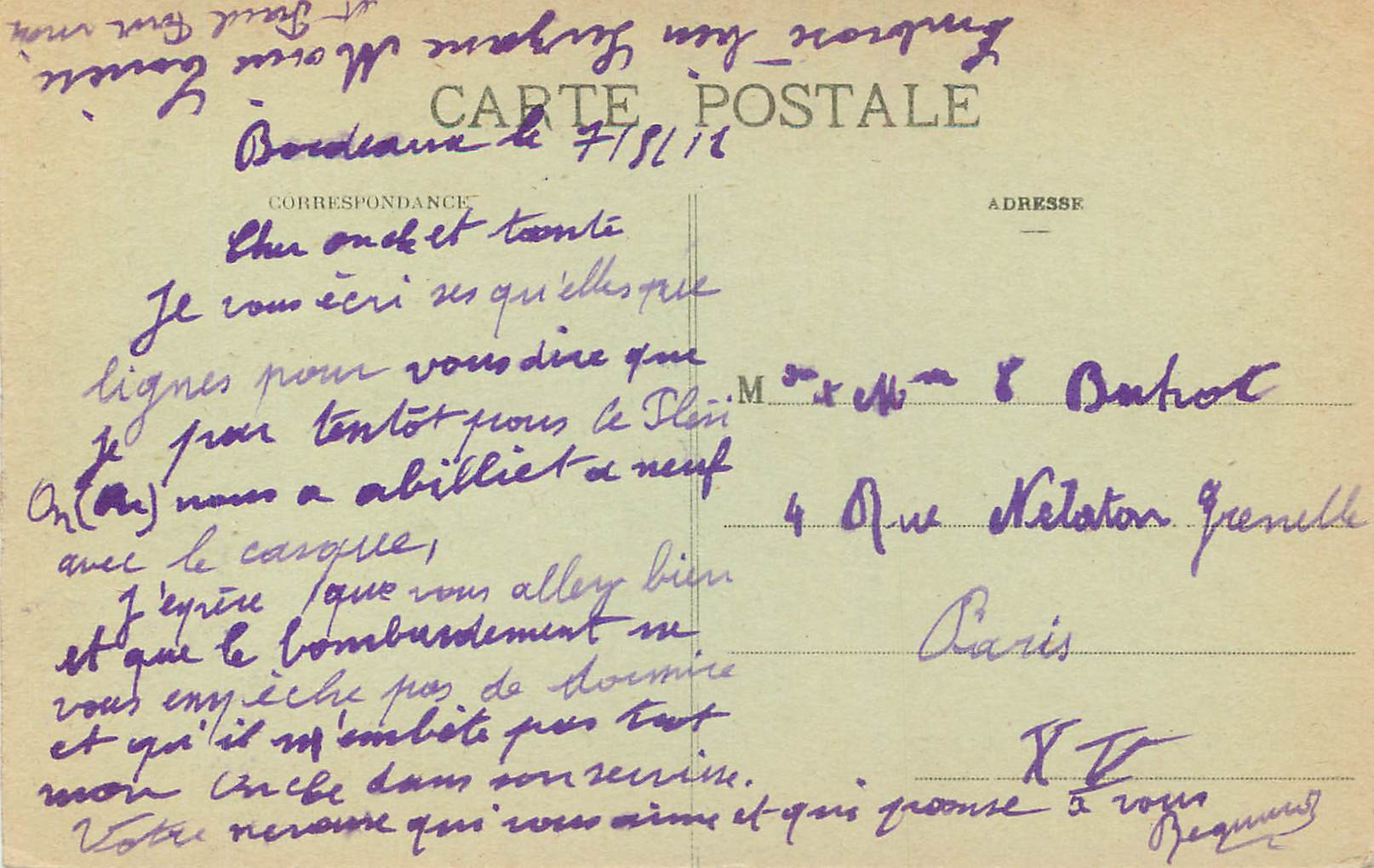 CPA Bordeaux Monument des Girondins  — Verso