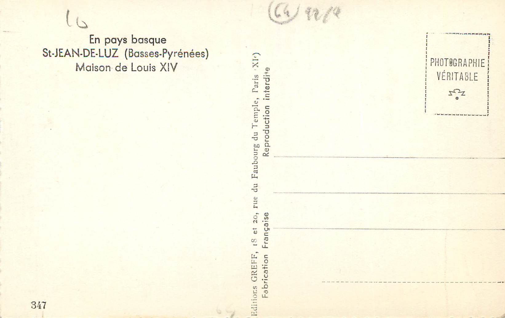 CPM St Jean de Luz Basses Pyrenees Maison de Louis XIV  — Verso