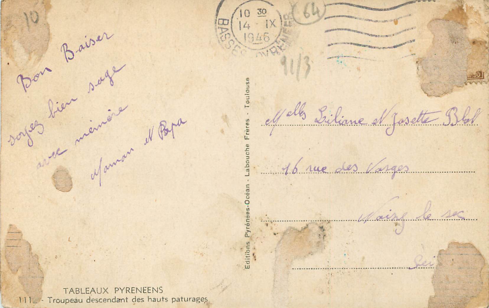 CPA Tableaux Pyreneens Troupeau descendant des hauts paturages  — Rückseite