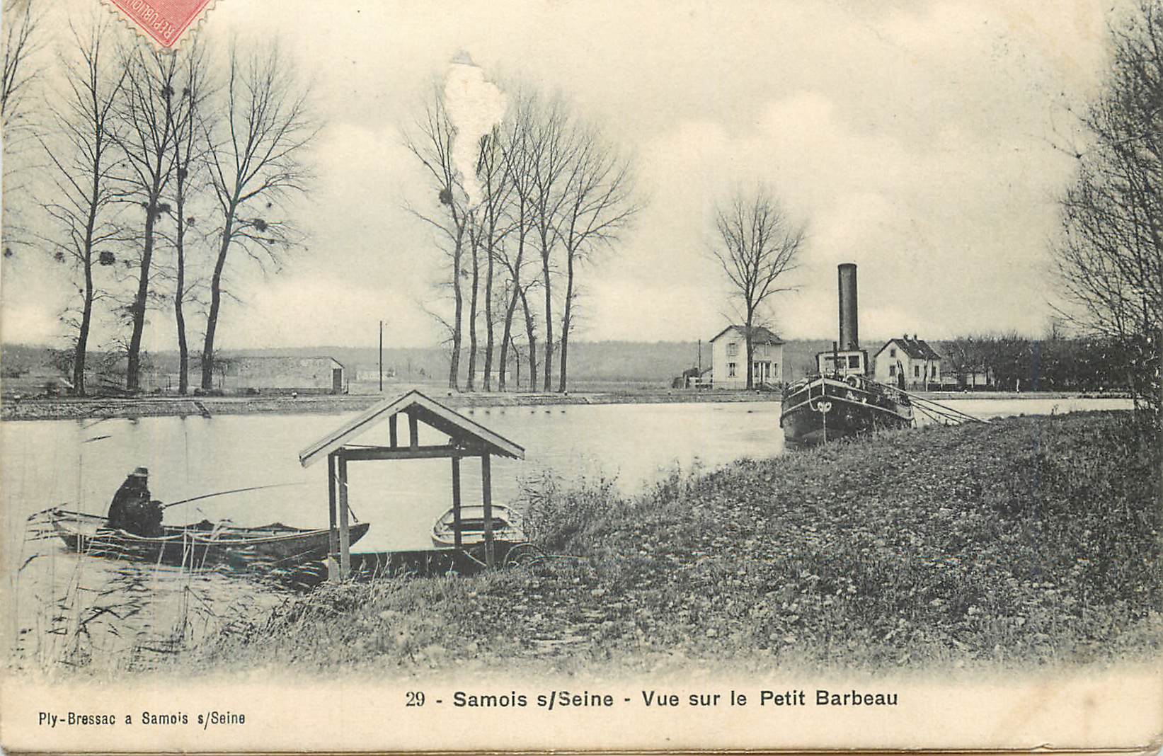 CPA Samois s Seine Vue sur le Petit Barbeau Bateau Peche Pecheur