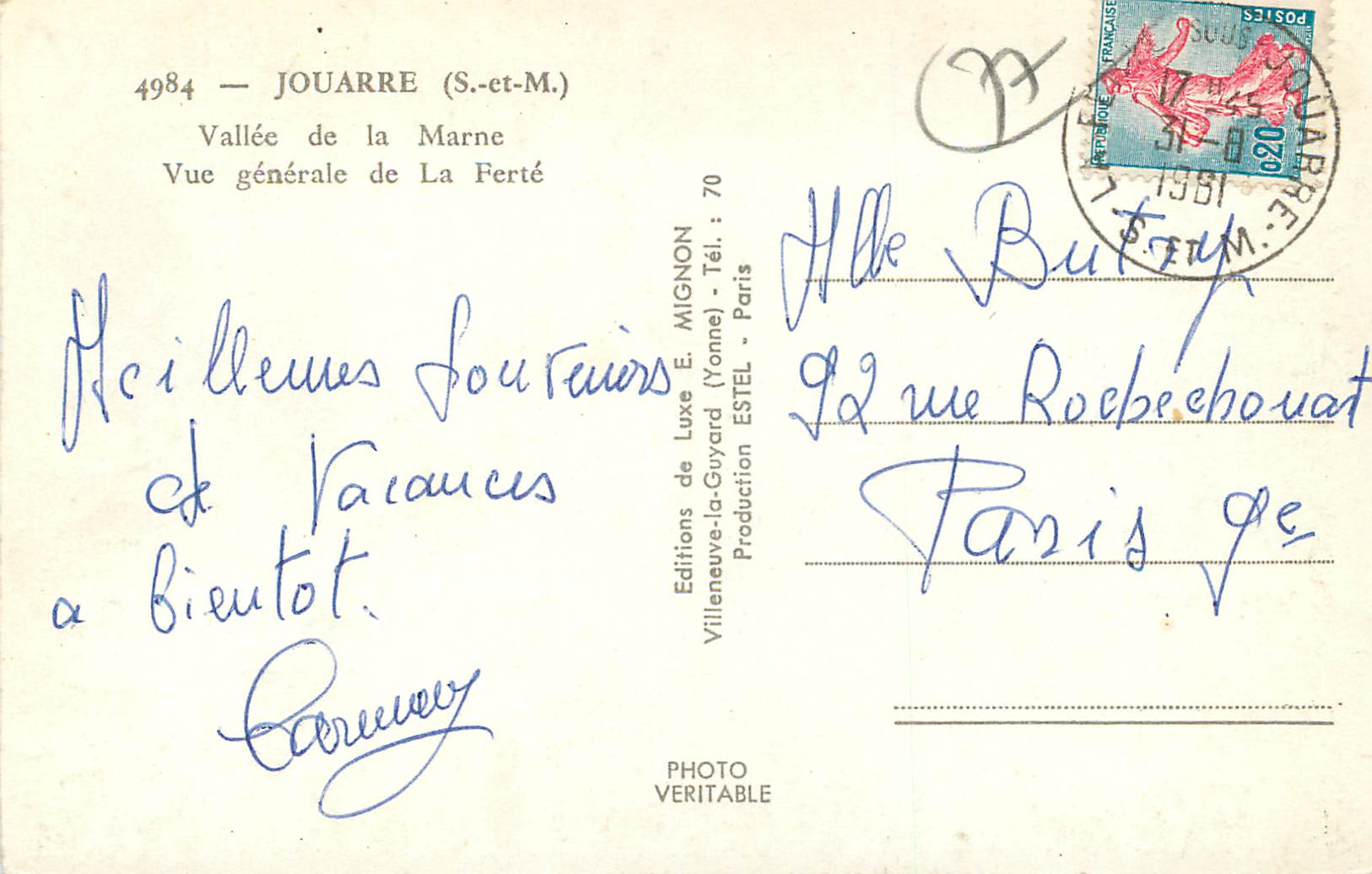Jouarre — Tal der Marne — Allgemeiner Blick auf La Ferté — Editions E. Mignon — Rückseite