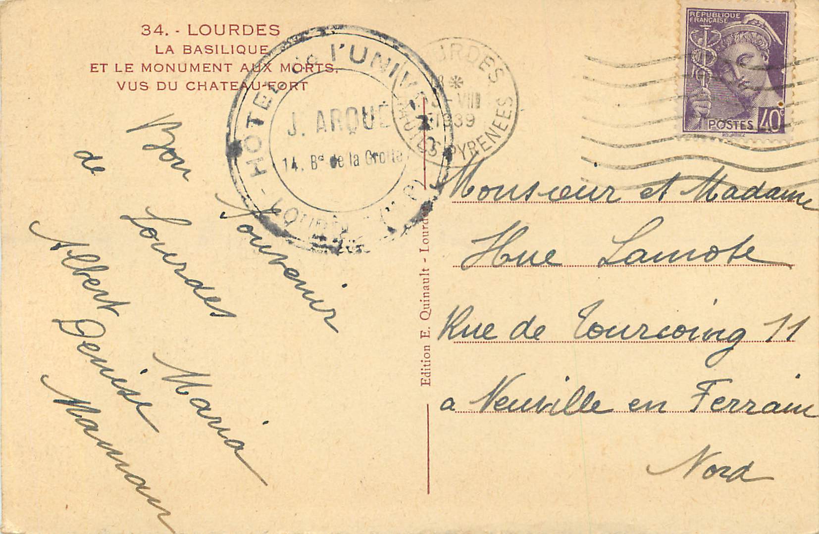 CPA Lourdes La Basilique et le monument aux morts vus du chateau fort  — Verso