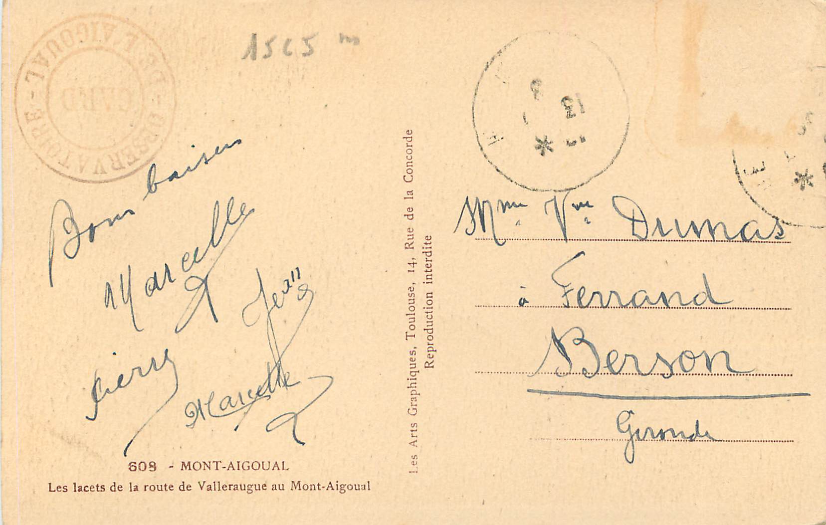 Les lacets de la route de Valleraugue au Mont-Aigoual — Les Arts Graphiques, Toulouse, n° 609 — Reverso