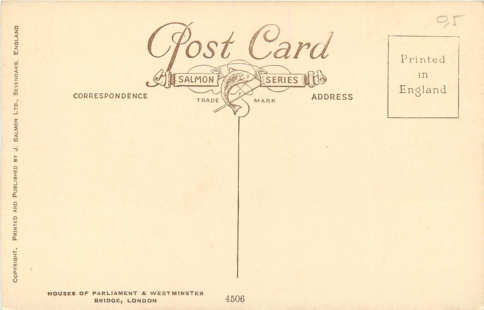 Häuser des Parlaments & Westminster Bridge — Ansicht von Big Ben — Verleger J. Salmon Ltd. n° 4506 — Rückseite