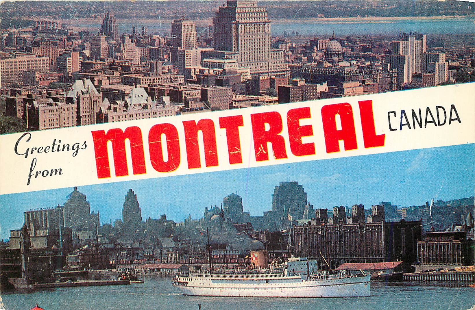 CPM Greetings from Montreal Canada Montreal business section as seen from Mount Royal Bateau