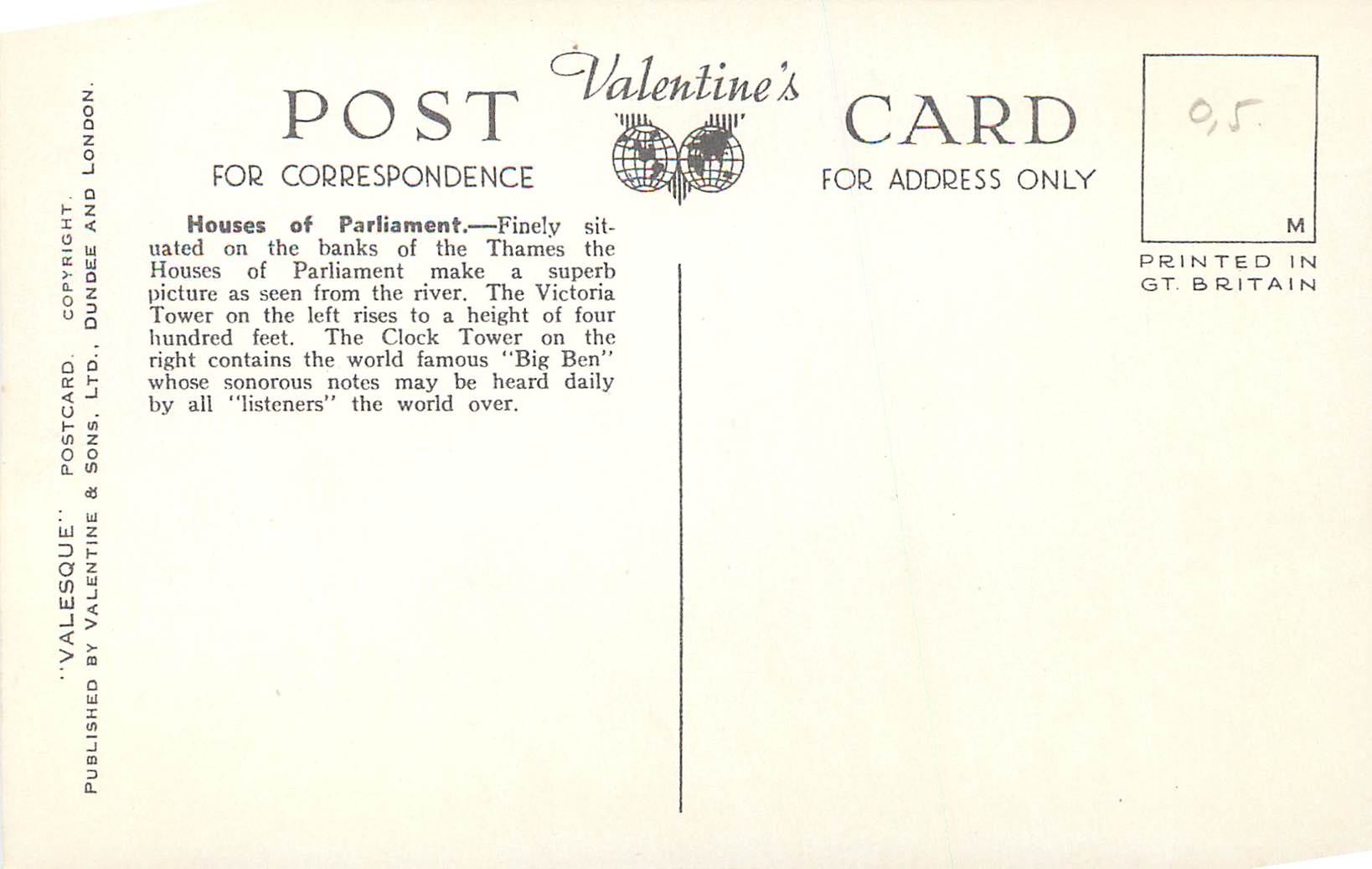 Houses of Parliament and Westminster Bridge — London — Valentine's Postcard, n° G.5708 — Verso