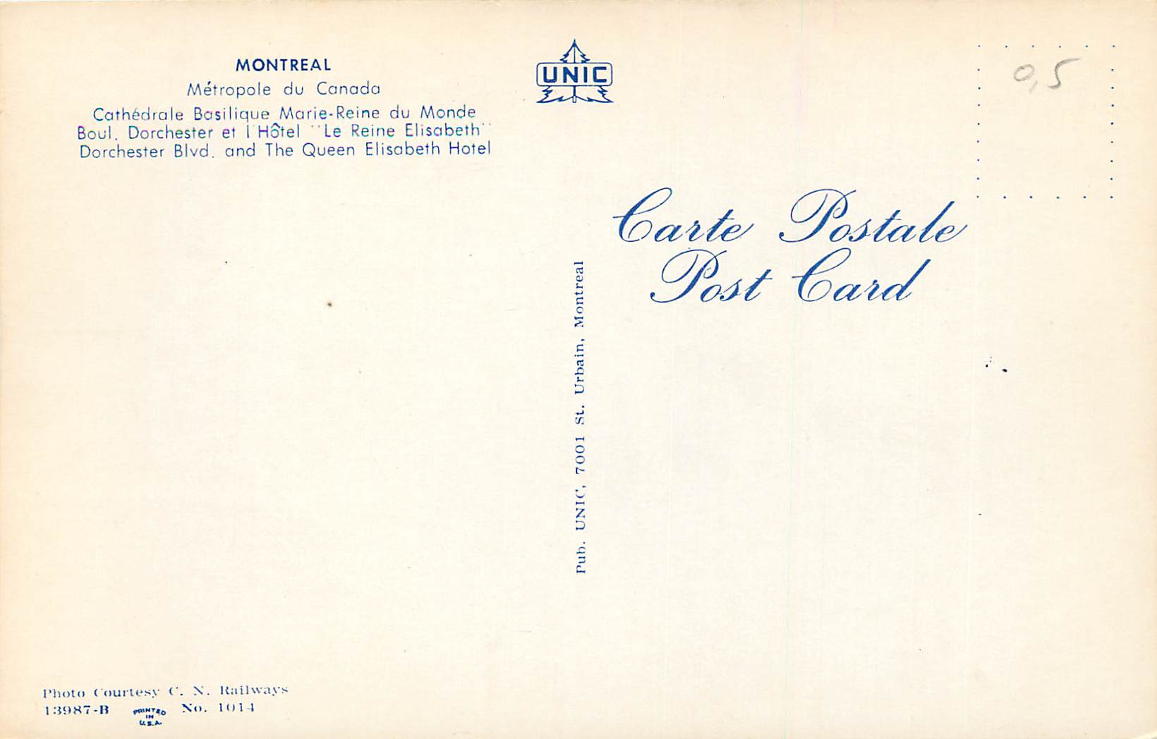 CPA Montreal Metropole du Canada Cathedrale Basilique Marie Reine du Monde  — Back
