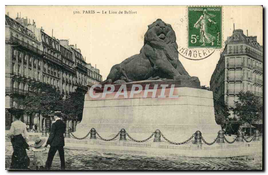 Paris (14)- Lion de Belfort-femme et homme--Place Denfert Rochereau-Oeuvre de Bartholdi-CPA
