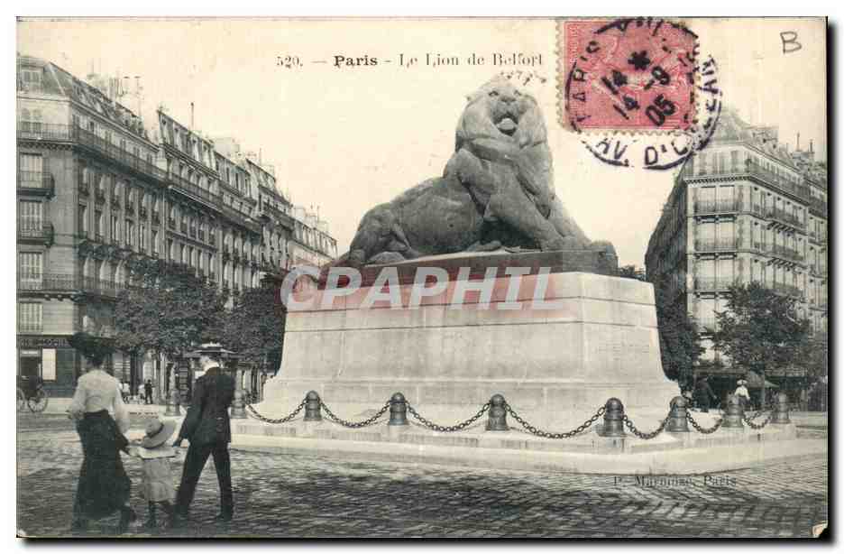 Paris (14)- Lion de Belfort-femme et homme--Place Denfert Rochereau-Oeuvre de Bartholdi-CPA