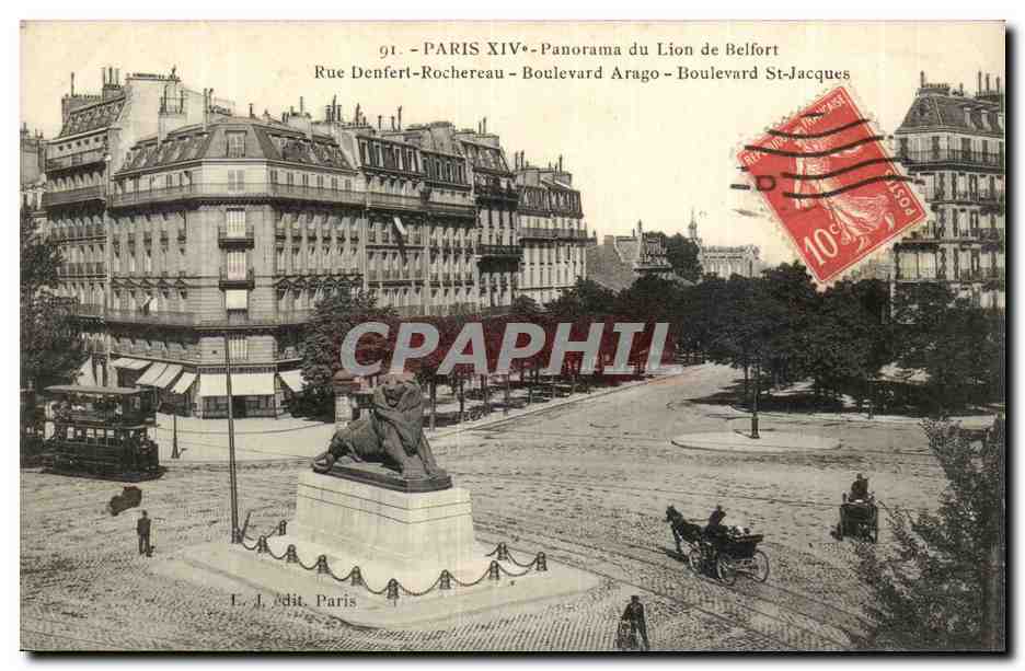 Paris XIV - Panorama du Lion de Belfort - Rue Denfert-Rochereau - Boulevard Arago - Boulevard St-Jacques