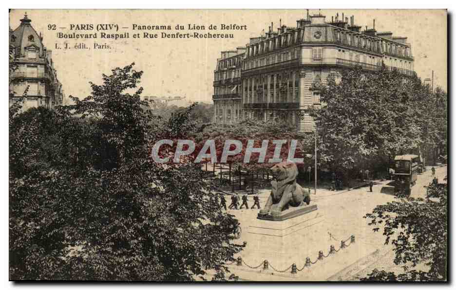 Paris (14)- Lion de Belfort-panorama---Place Denfert Rochereau-Oeuvre de Bartholdi-CPA