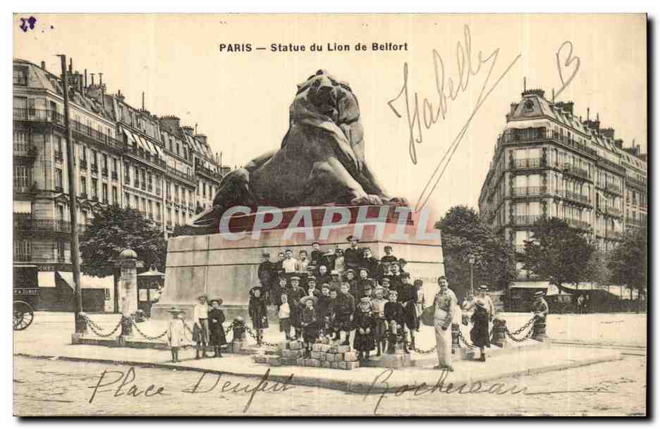 Paris (14)- Lion de Belfort-enfants -Place Denfert Rochereau-Oeuvre de Bartholdi-CPA