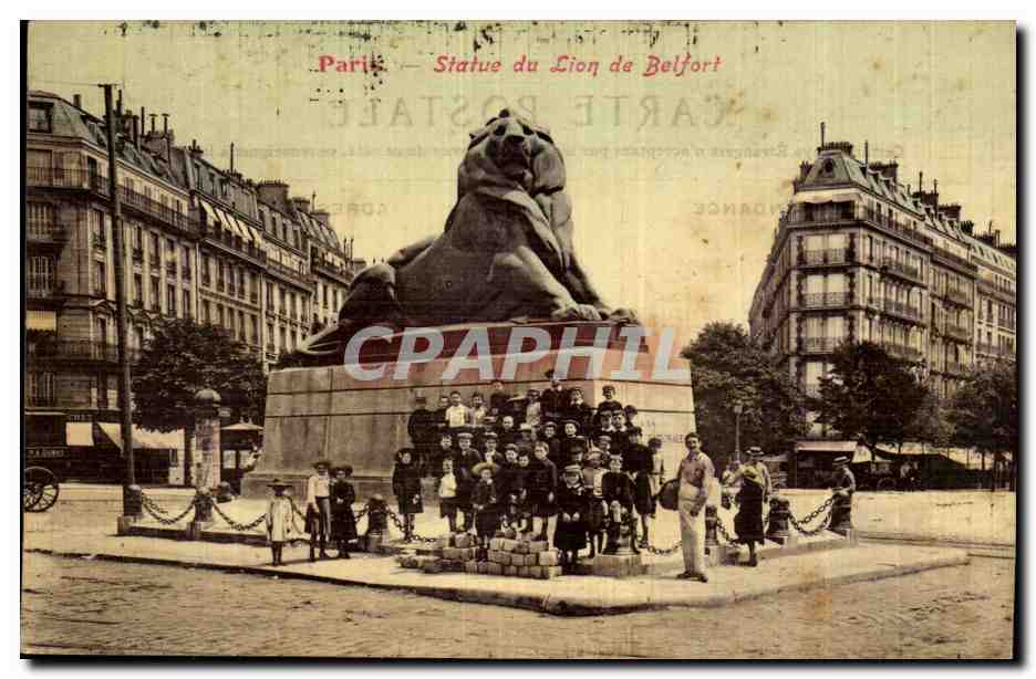 Paris (14)- Lion de Belfort-enfants -Place Denfert Rochereau-Oeuvre de Bartholdi-CPA