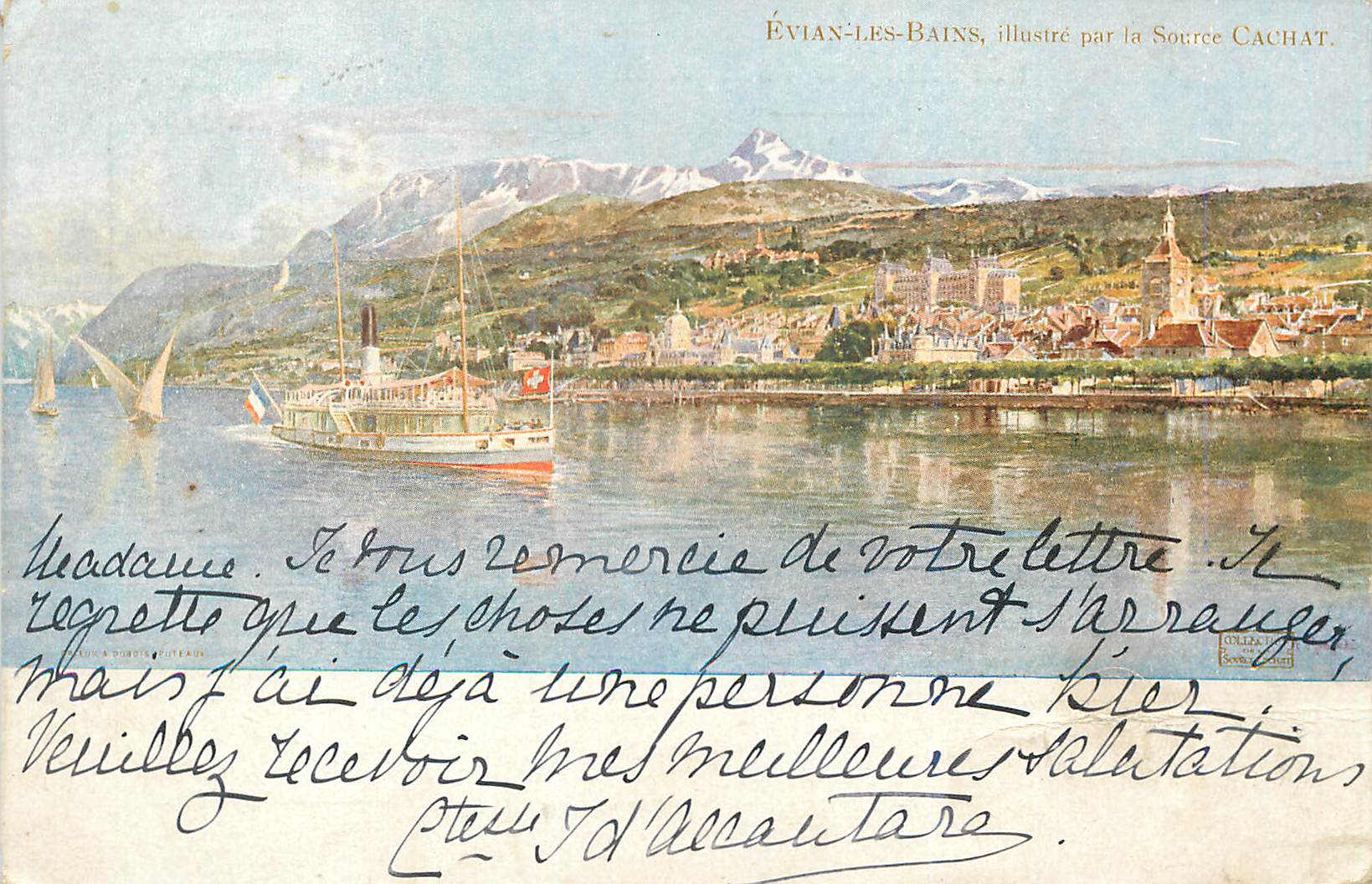 Évian-les-Bains — vue panoramique avec bateau à vapeur — illustrée par la Source Cachat
