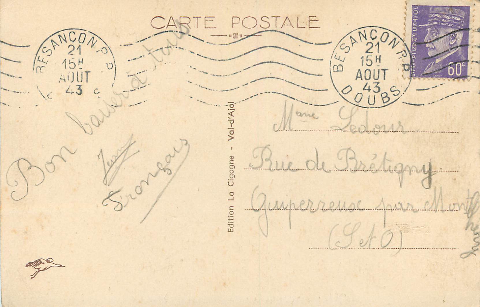 Besançon-les-Bains — Vue prise du Fort de Brégille — Édition La Cigogne - Val-d'Ajol — Rückseite