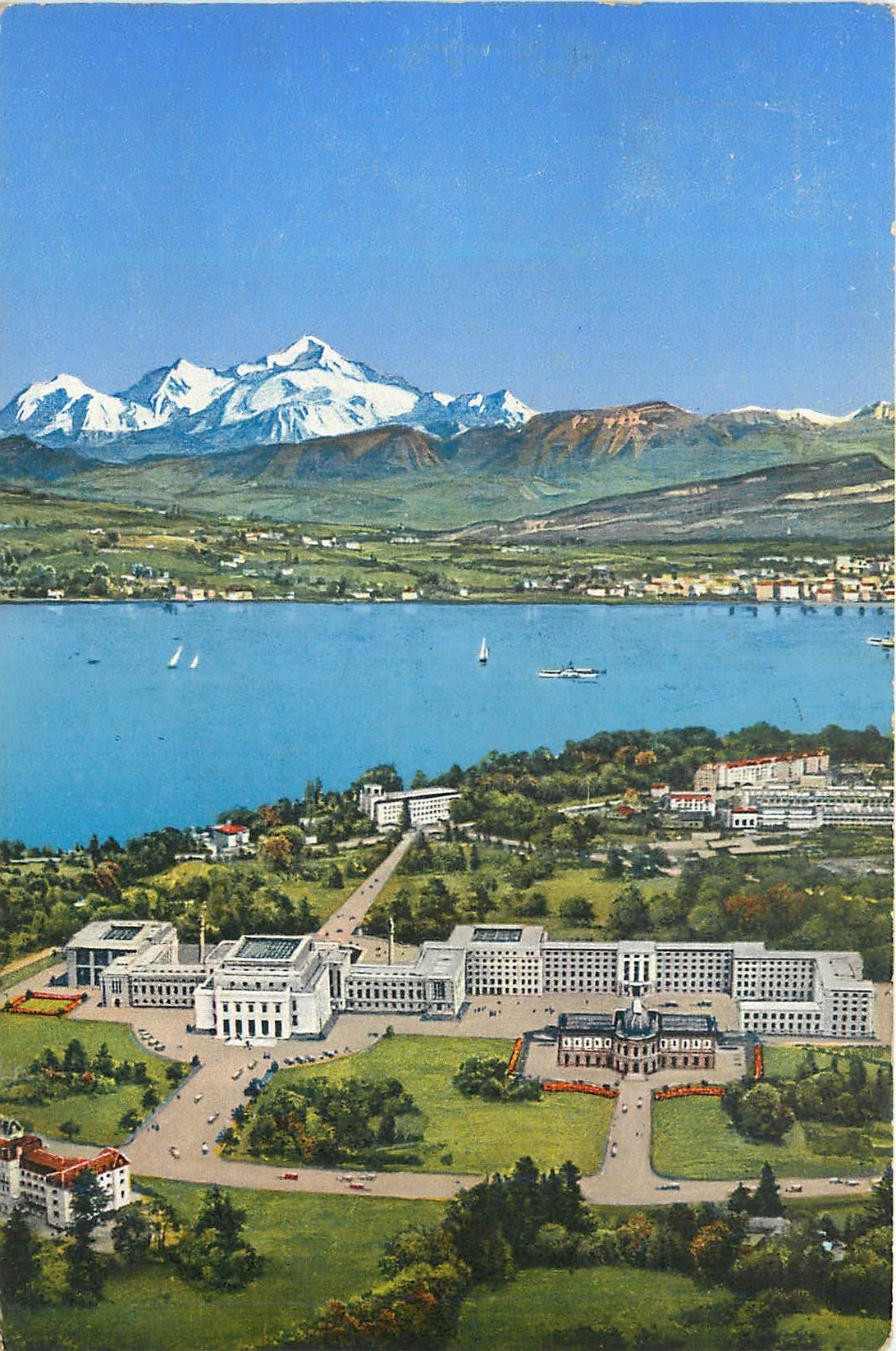 CPA Geneve le palais des nations et le mont blanc