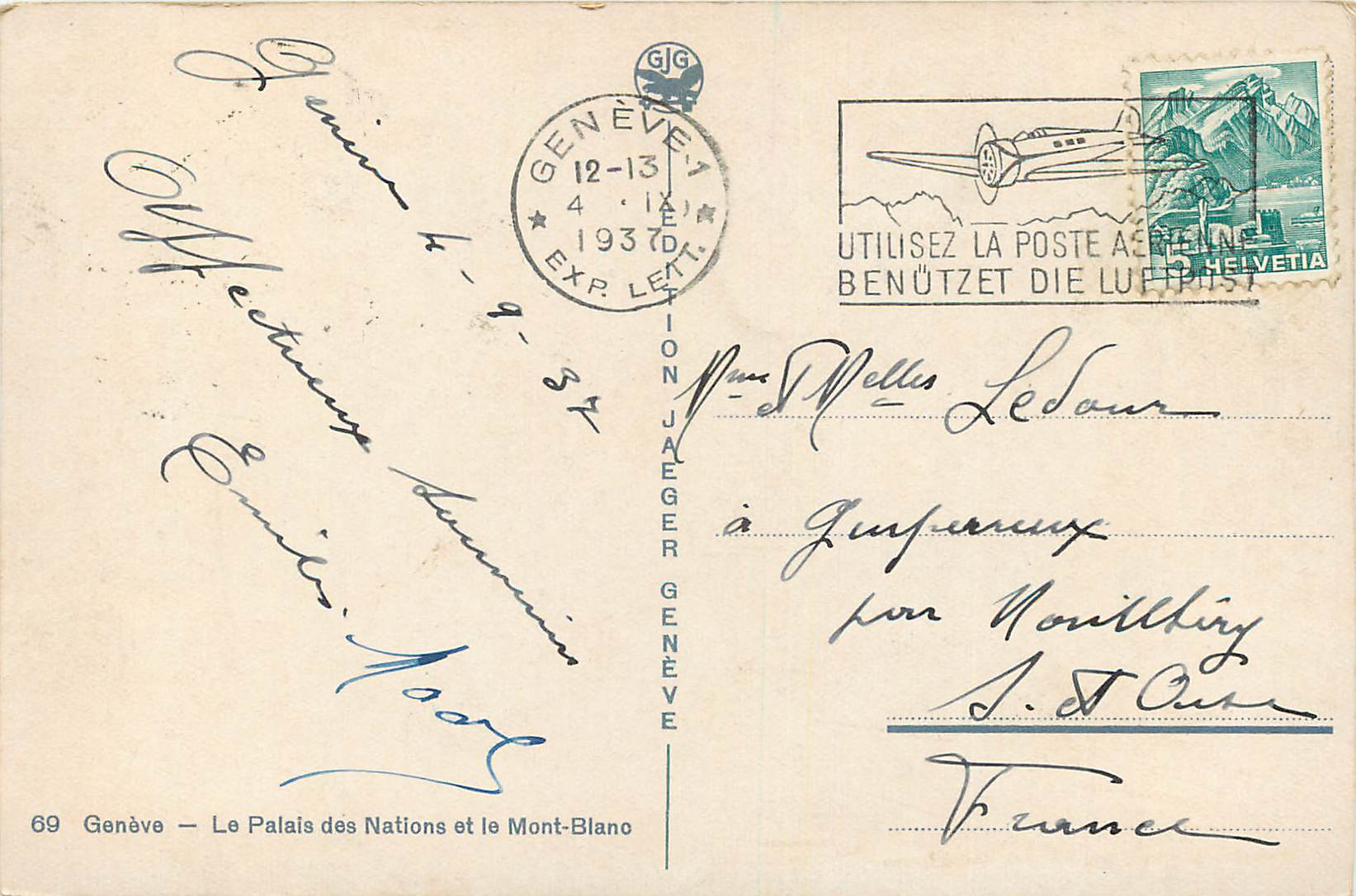 CPA Geneve le palais des nations et le mont blanc — Verso