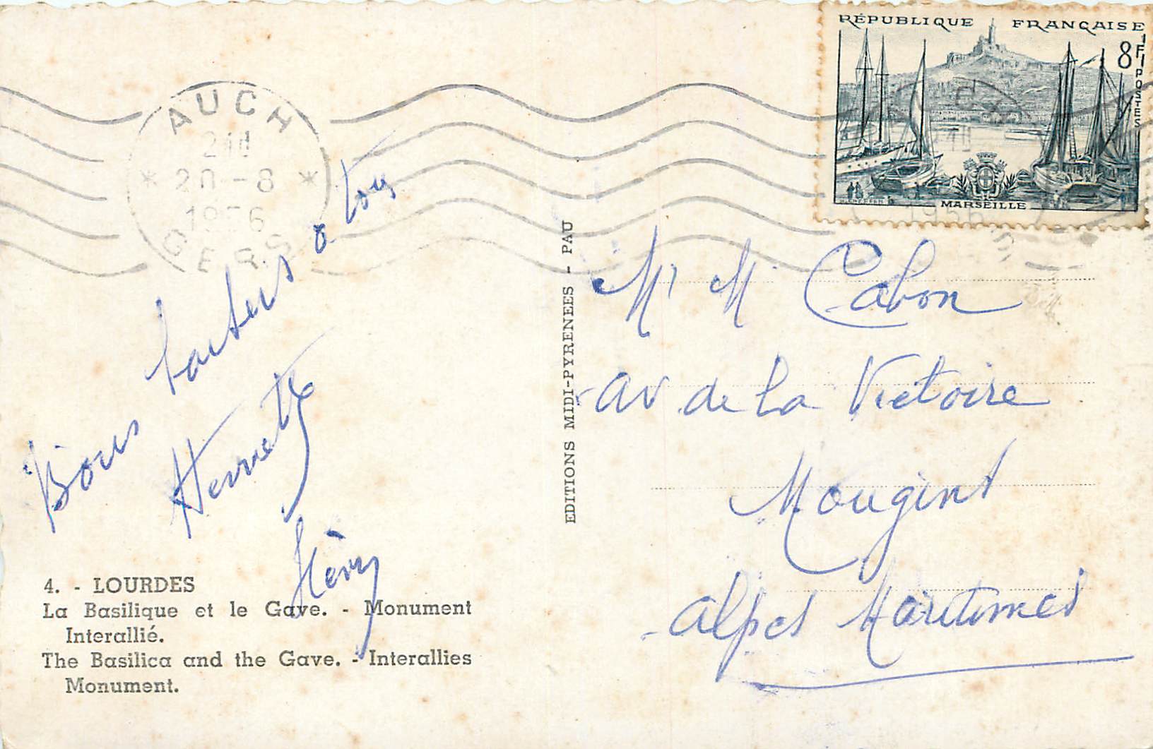 CPM Lourdes la basilique et le gave monument interallie — Verso