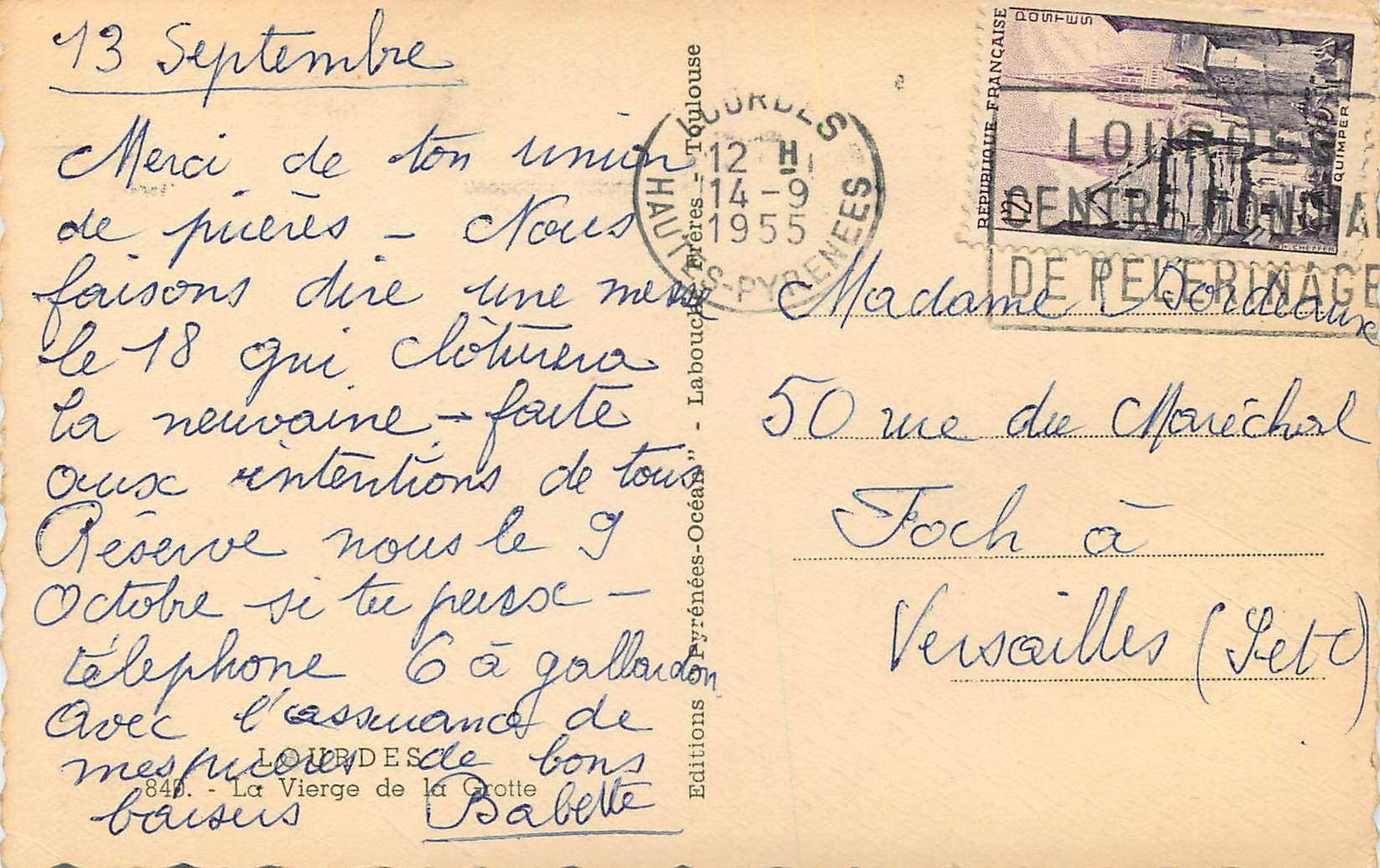 CPM aux pieds de marie j'ai prie pour vous Lourdes — Verso