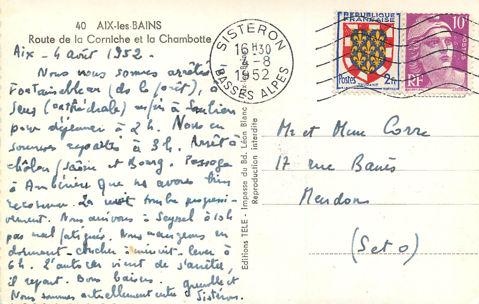 CPM Aix les Bains route de la corniche et la chambotte — Rückseite