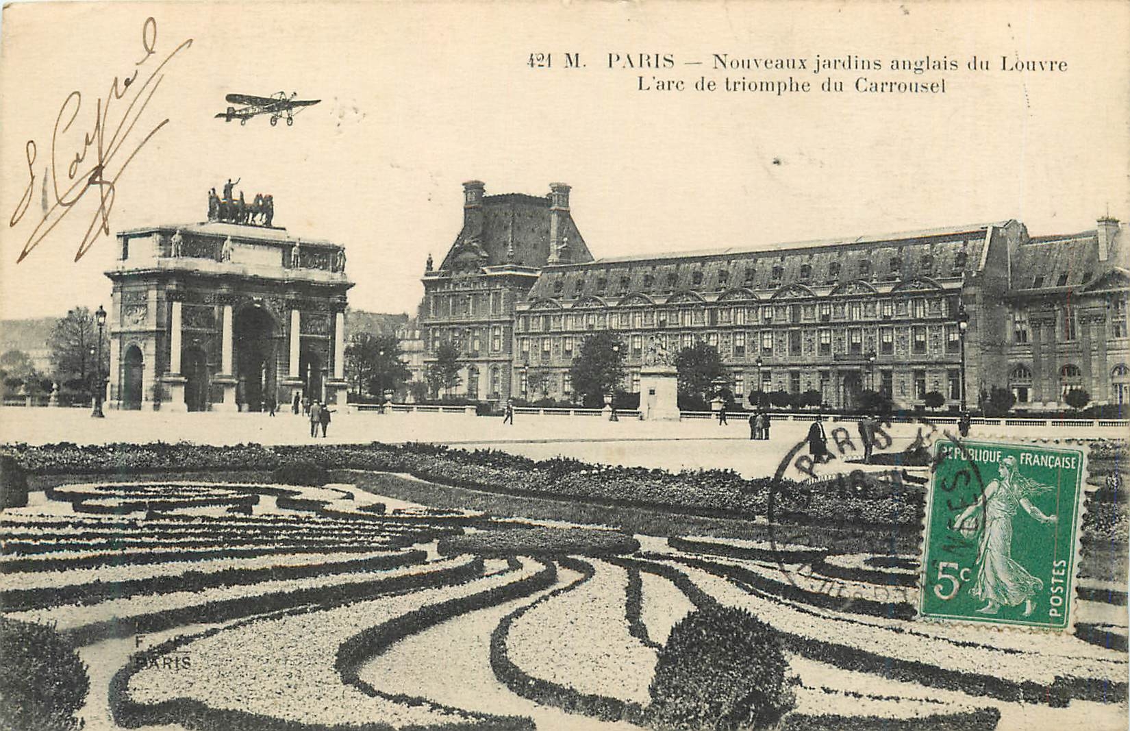 CPA Paris nouveaux jardins anglais du Louvre l'arc de trimphe du carroussel Avion