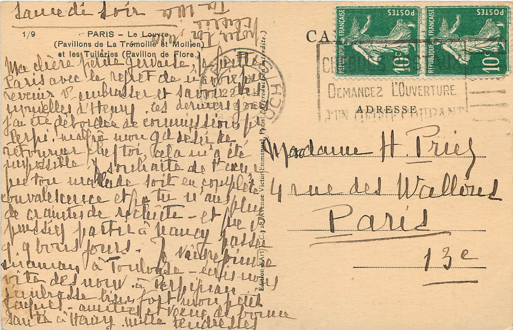 CPA Paris Le Louvre (pavillon de la tremoille et Mollen) et les tuileries (Pavillon de flore) — Rückseite