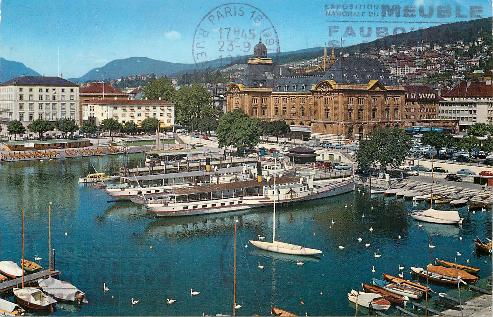 CPM Neuchatel le port la poste et l'hotel touring Bateaux