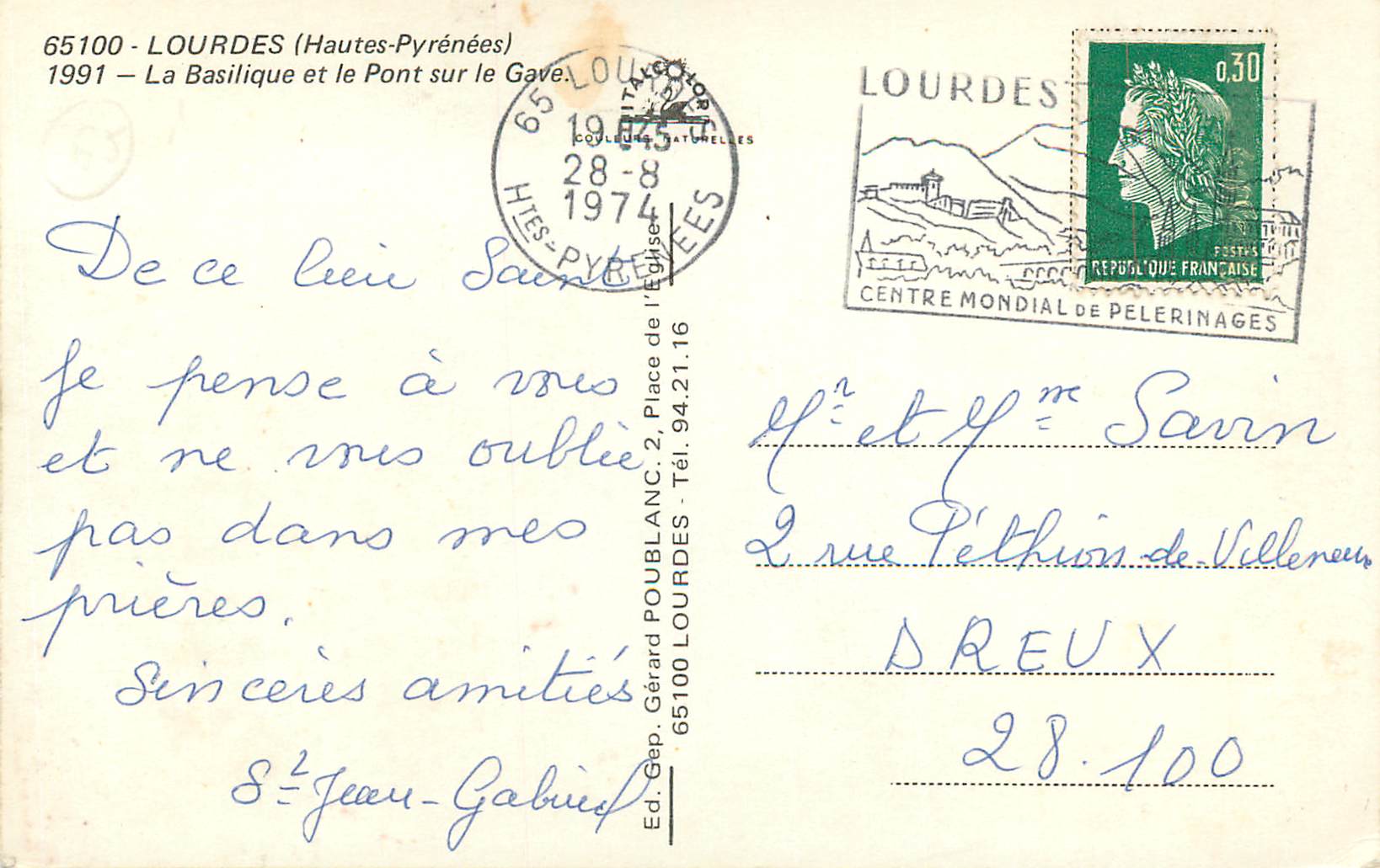 CPA Lourdes (H P) la basilique et le pont sur la grave — Verso