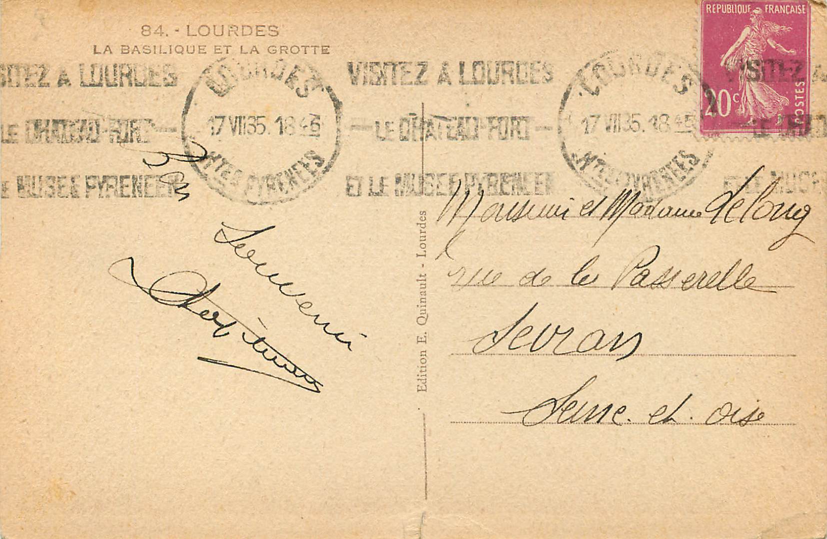 CPA Lourdes la basilique et la grotte — Verso