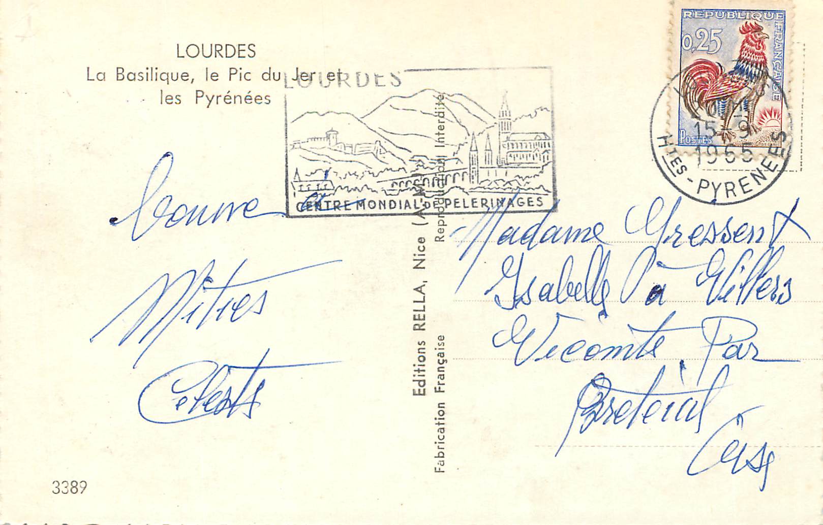 CPM Lourdes la basilique le pic du jer les pyrenees — Verso