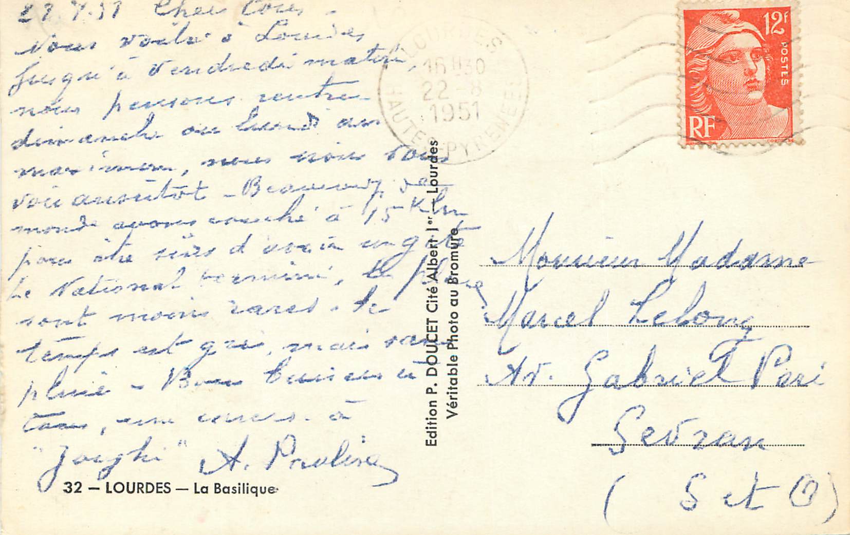 CPM Lourdes la basilique — Verso