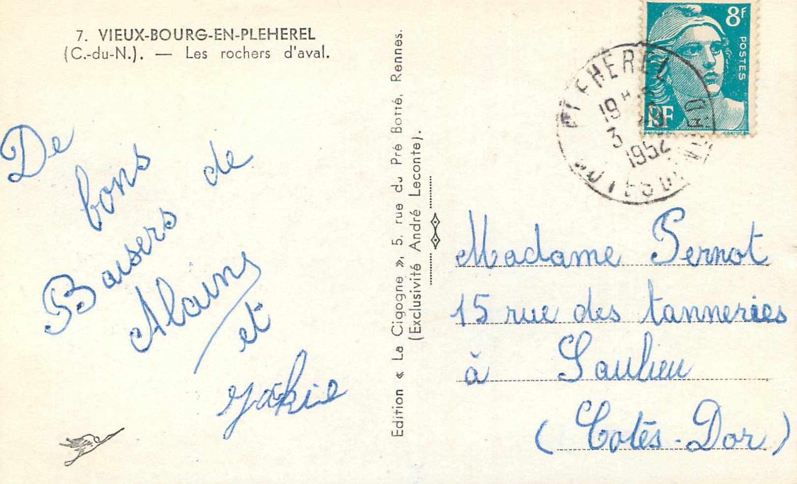 CPM Vieux Bourg en pleherel (C du N) les rochers d'aval — Rückseite