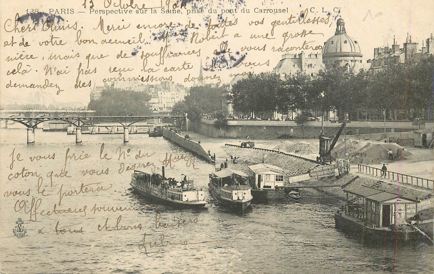 CPA Paris perspective sur la seine prise du pont du carrousel Bateaux