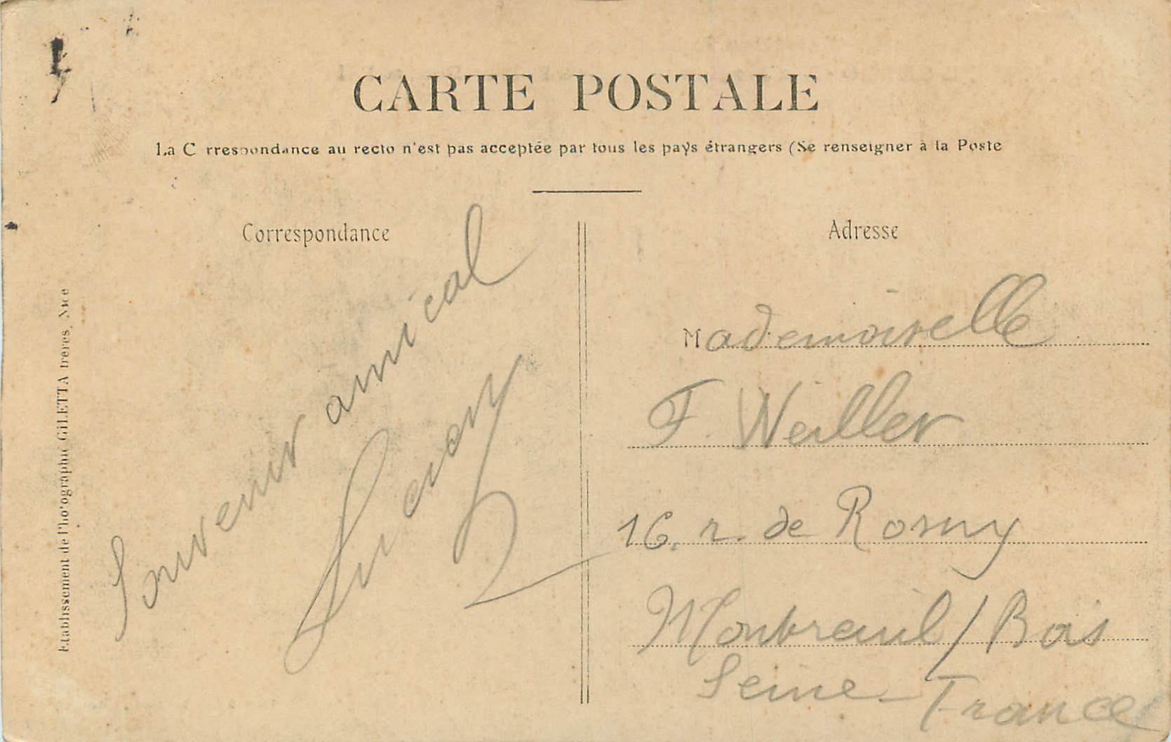 Monte-Carlo — Les Jardins et Riviera Palace-Beausoleil — Édition Giletta, n°843 — Rückseite