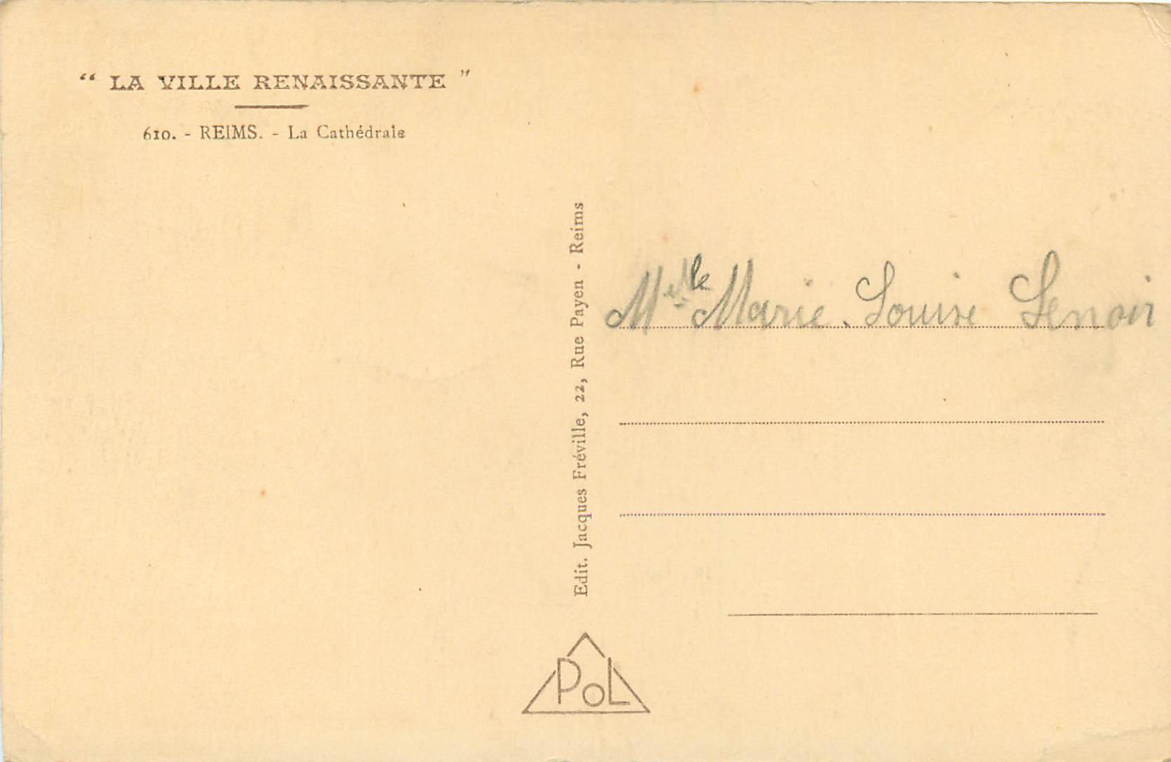 Reims - La Cathédrale — Éditeur Pol, n° 610 — Verso